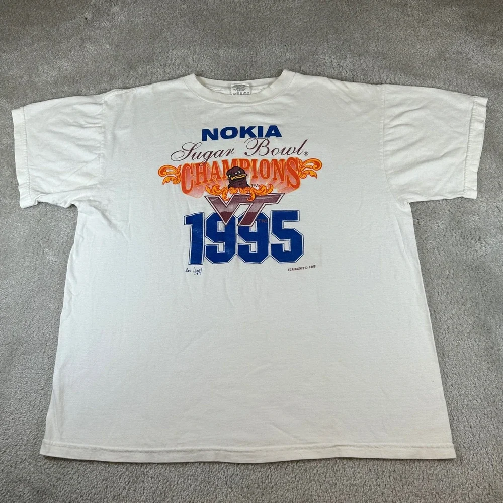 Vintage Global T-Shirt Mens XL White 1995 Nokia Sugar Bowl VT Hokies Champions